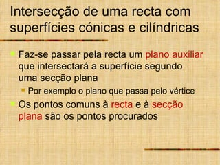Intersecção de uma recta com superfícies cónicas e cilíndricas Faz-se passar pela recta um  plano auxiliar  que intersectará a superfície segundo uma secção plana Por exemplo o plano que passa pelo vértice Os pontos comuns à  recta  e à  secção plana  são os pontos procurados 
