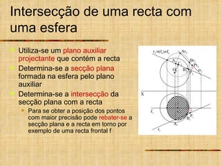 Utiliza-se um  plano auxiliar   projectante  que contém a recta Determina-se a  secção plana  formada na esfera pelo plano auxiliar  Determina-se a  intersecção  da secção plana com a recta Para se obter a posição dos pontos com maior precisão pode  rebater-se  a secção plana e a recta em torno por exemplo de uma recta frontal f Intersecção de uma recta com uma esfera  (f  )  f 2 X O 1 O 2 C 2 C 1 r 1 r 2 f 1 rr 2 P 2 P 1 B 1 Br 2 B 2 Pr 2 Ar 2 A 2 A 1 