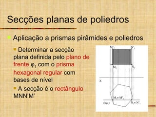 Secções planas de poliedros Aplicação a prismas pirâmides e poliedros Determinar a secção plana definida pelo  plano de frente    1  com o  prisma hexagonal regular  com bases de nível A secção é o  rectângulo  MNN’M’ X (h  1 ) N 1   N’ 1 N 2 N’ 2 M 1   M’ 1 M 2 M’ 2 