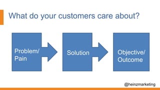 What do your customers care about?
@heinzmarketing
SolutionProblem/
Pain
Objective/
Outcome
 
