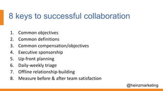 1. Common objectives
2. Common definitions
3. Common compensation/objectives
4. Executive sponsorship
5. Up-front planning
6. Daily-weekly triage
7. Offline relationship-building
8. Measure before & after team satisfaction
8 keys to successful collaboration
@heinzmarketing
 