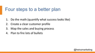 1. Do the math (quantify what success looks like)
2. Create a clear customer profile
3. Map the sales and buying process
4. Plan to fire lots of bullets
Four steps to a better plan
@heinzmarketing
 