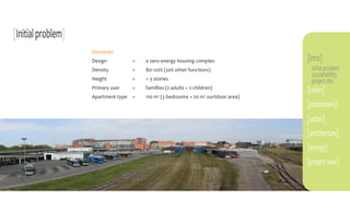 [Initial problem]
                    Demands:
                    Design		         =	   a zero energy housing complex             [intro]
                    Density		        =	   80-120% (20% other functions)              initial problem
                    Height 		        =	 3 stories
                                        
                                                                                     sustainability
                                                                                     project site
                    Primary user	    =	   famillies (2 adults + 2 children)
                                                                                    [vision]
                    Apartment type 	 =	   110 m (3 bedrooms + 20 m ourtdoor area)
                                               2                      2


                                                                                    [parameters]
                                                                                    [urban]
                                                                                    [architecture]
                                                                                    [energy]
                                                                                    [project view]
 