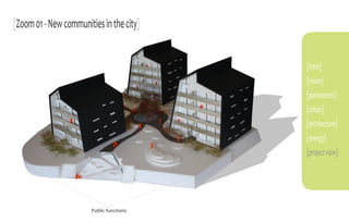 [Zoom 01 - New communities in the city]


                                           [intro]
                                           [vision]
                                           [parameters]
                                           [urban]
                                           [architecture]
                                           [energy]
                                           [project view]




                        Public functions
 