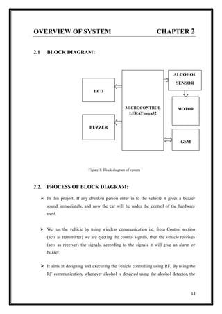 13
OVERVIEW OF SYSTEM CHAPTER 2
2.1 BLOCK DIAGRAM:
Figure 1: Block diagram of system
2.2. PROCESS OF BLOCK DIAGRAM:
 In this project, If any drunken person enter in to the vehicle it gives a buzzer
sound immediately, and now the car will be under the control of the hardware
used.
 We run the vehicle by using wireless communication i.e. from Control section
(acts as transmitter) we are ejecting the control signals, then the vehicle receives
(acts as receiver) the signals, according to the signals it will give an alarm or
buzzer.
 It aims at designing and executing the vehicle controlling using RF. By using the
RF communication, whenever alcohol is detected using the alcohol detector, the
ALCOHOL
SENSOR
LCD
BUZZER
MICROCONTROL
LERATmega32
MOTOR
GSM
 