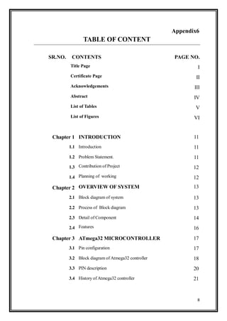 8
Appendix6
TABLE OF CONTENT
SR.NO. CONTENTS PAGE NO.
Title Page I
Certificate Page II
Acknowledgements III
Abstract IV
List of Tables V
List of Figures VI
Chapter 1 INTRODUCTION 11
1.1 Introduction 11
1.2 Problem Statement. 11
1.3 Contribution of Project 12
1.4 Planning of working 12
Chapter 2 OVERVIEW OF SYSTEM 13
2.1 Block diagram of system 13
2.2 Process of Block diagram 13
2.3 Detail of Component 14
2.4 Features 16
Chapter 3 ATmega32 MICROCONTROLLER 17
3.1 Pin configuration 17
3.2 Block diagram of Atmega32 controller 18
3.3 PIN description 20
3.4 History of Atmega32 controller 21
 