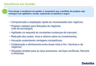 Excelência em Gestão
  Para atingir a excelência em gestão, é necessário que o portfólio de projetos seja
  entregue com agilidade e escala, superando os desafios a seguir:



   • Compreensão e adaptação rápida às necessidades dos negócios;
   • Projetos voltados para Soluções de negócios
     (não de tecnologia);
   • Agilidade na resposta às constantes mudanças da mercado;
   • Redução dos custos, risco e retorno sobre os investimentos;
   • Inovação sustentando vantagens competitivas;
   • Colaboração e alinhamento entre áreas meio e fim / técnicas e de
     negócios;
   • Soluções simples para os seus processos, serviços confiáveis, flexíveis
     e eficientes.
 