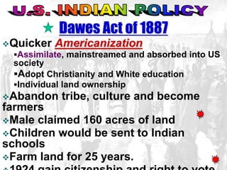 Dawes Act of 1887 
Quicker Americanization 
Assimilate, mainstreamed and absorbed into US 
society 
Adopt Christianity and White education 
Individual land ownership 
Abandon tribe, culture and become 
farmers 
Male claimed 160 acres of land 
Children would be sent to Indian 
schools 
Farm land for 25 years. 
1924 gain citizenship and right to vote 
 