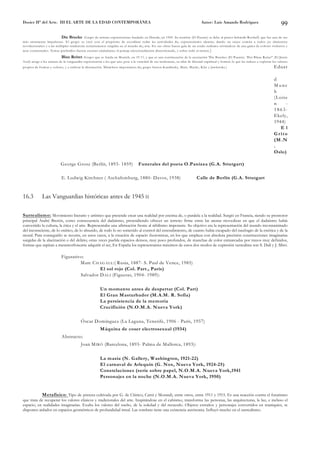 Dosier Hª del Arte. III EL ARTE DE LA EDAD CONTEMPORÁNEA                                                                           Autor: Luis Amando Rodríguez                              99

                             Die Brucke G rupo de artistas expresionistas fundado en D resde, en 1905. Su no m bre (E l Puente) se debe al pintor Schm idt-Rottluff, que fue una de sus
m ás entusiastas im pulsores. E l grup o se creó con el propósito de coordinar todas las actividades de¡ expresionism o alem án, dando un cauce com ún a todos ¡os elem entos
revolucion arios y a las m últiples tendencias recientem ente surgidas en el m undo de¡ arte. E n sus obras h acen gala de un crudo realism o sirviéndose de un a gam a de colores violentos y
m uy contrastados. Tem as preferidos fueron escenas ciudadanas, el paisaje em ocionalm ente distorsionado, y sobre todo el retrato. )

                             Blau Reiter. G rup o que se funda en M unich , en 19 11, y que es una co ntinuación de la asociación 'D ie B rucke« (E l Puen te). 'D er B laue R eiter" (E l Jinete
A zul) acoge a los artistas de la vanguardia expresionista a los que une, pese a la variedad de sus tendencias, su afán de libertad espiritual y form al, lo que les induce a explorar los valores
propios de form as y co lores, y a cultivar la abstracción. M iem bros im portantes de¡ grup o fueron K andinsky, M arc, M acke, K lee y Jaw len sky.)                                  Eduar

                                                                                                                                                                                        d
                                                                                                                                                                                        M unc
                                                                                                                                                                                        h
                                                                                                                                                                                        (L oite
                                                                                                                                                                                        n     -
                                                                                                                                                                                        1863-
                                                                                                                                                                                        Ekely,
                                                                                                                                                                                        1944)
                                                                                                                                                                                            El
                                                                                                                                                                                        G rito
                                                                                                                                                                                        (M .N
                                                                                                                                                                                        .
                                                                                                                                                                                        Oslo)

                           George Grosz (Berlín, 1893- 1859)                        Funerales del poeta O.Panizza (G.A. Sttutgart)

                            E. Ludwig Kirchner ( Aschafemburg, 1880- Davos, 1938)                                              Calle de Berlín (G.A. Sttutgart


16.3          Las Vanguardias históricas antes de 1945 II

Surrealismo: Movimiento literario y artístico que pretende crear una realidad por encima de, o paralela a la realidad. Surgió en Francia, siendo su promotor
principal André Bretón, como consecuencia del dadaísmo, pretendiendo ofrecer un terreno firme entre las arenas movedizas en que el dadaísmo había
convertido la cultura, la ética y el arte. Representaba una afirmación frente al nihilismo imperante. Su objetivo era la representación del mundo incontaminado
del inconsciente, de lo onírico, de lo absurdo, de todo lo no sometido al control del entendimiento, de cuanto había escapado del naufragio de la estética y de la
moral. Para conseguirlo se recurre, en unos casos, a la creación de espacio ilusionistas, en los que emplaza con absoluta precisión construcciones imaginarias
surgidas de la alucinación o del delirio; otras veces puebla espacios densos, muy poco profundos, de manchas de color enmarcadas por trazos muy definidos,
formas que aspiran a metamorfosearse adquirir el ser, En España los representantes máximos de estos dos modos de expresión surrealista son S. Dalí y J. Miró.

                            Figurativo:
                                     Marc C H AG ALL :( Rusia, 1887- S. Paul de Vence, 1985)
                                              El sol rojo (Col. Part., París)
                                     Salvador D ALI (Figueras, 1904- 1989):

                                                        Un momento antes de despertar (Col. Part)
                                                        El Gran Masturbador (M.A.M. R. Sofía)
                                                        La persistencia de la memoria
                                                        Crucifixión (N.O.M.A. Nueva York)

                                          Óscar Domínguez (La Laguna, Tenerife, 1906 - París, 1957)
                                                        Máquina de coser electrosexual (1934)
                            Abstracto:
                                          Joan M IRÓ (Barcelona, 1893- Palma de Mallorca, 1893):

                                                        La masia (N. Gallery, Washington, 1921-22)
                                                        El carnaval de Arlequín (G. Nox, Nueva York, 1924-25)
                                                        Constelaciones (serie sobre papel, N.O.M.A. Nueva York,1941
                                                        Personajes en la noche (N.O.M.A. Nueva York, 1950)


           Metafísico: Tipo de pintura cultivada por G. de Chirico, Carrá y Morandi, entre otros, entre 1911 y 1915. Es una reacción contra el futurismo
que trata de recuperar los valores clásicos y tradicionales del arte. Inspirándose en el cubismo, transforma las personas, las arquitecturas, la luz, e incluso el
espacio, en realidades imaginarias. Exalta los valores del sueño, de la soledad y del recuerdo. Objetos extraños y personajes convertidos en maniquíes, se
disponen aislados en espacios geométricos de profundidad irreal. Las sombras tiene una existencia autónoma. Influyó mucho en el surrealismo.
 