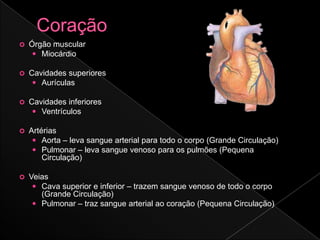    Órgão muscular
      Miocárdio

   Cavidades superiores
      Aurículas

   Cavidades inferiores
      Ventrículos

   Artérias
      Aorta – leva sangue arterial para todo o corpo (Grande Circulação)
      Pulmonar – leva sangue venoso para os pulmões (Pequena
        Circulação)

   Veias
      Cava superior e inferior – trazem sangue venoso de todo o corpo
       (Grande Circulação)
      Pulmonar – traz sangue arterial ao coração (Pequena Circulação)
 