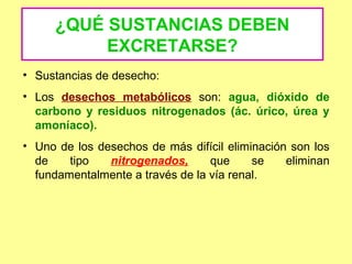 ¿QUÉ SUSTANCIAS DEBEN
EXCRETARSE?
• Sustancias de desecho:
• Los desechos metabólicos son: agua, dióxido de
carbono y residuos nitrogenados (ác. úrico, úrea y
amoníaco).
• Uno de los desechos de más difícil eliminación son los
de tipo nitrogenados, que se eliminan
fundamentalmente a través de la vía renal.
 