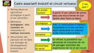 Cadre associatif évolutif et circuit vertueux
 Permaculture et
agriculture
écologique à partir
d’une safranière
 Bâtiments
écologiques : éco-
chantiers en
rénovation et
habitats innovants
 Sécurisation des
parcours de vie dans
une écologie du
développement
économique et
humain
À partir d’une culture de safran
dans une micro-ferme en Sud
Sarthe (Axe Tours-Le Mans)
Avec la construction d’habitats
modulables et d’une verrière
multi-sensorielle en chantier
école d’éco-constructions
En offrant la possibilité aux
personnes en transition de vie
de partager ensemble des
expériences de vie et de travail
C’est
quoi ?
écologique
novateur
économique
et social
Un projet
humain
Page 3
 