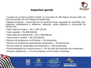 Aspectos gerais
• Localiza-se no Bairro Colônia Pinhal, no município de São Miguel Arcanjo (SP), da
área de atuação da CATI Regional Itapetininga
• Negócio proposto – construção de um packing house, aquisição de caminhão baú,
máquinas embaladoras e seletoras, balanças, caixas plásticas e construção de
câmara fria.
• Valor total do projeto = R$ 1.158.120,38
• Valor apoiado = R$ 800.000,00
• Valor total do investimento = R$ 1.600.000,00
• Valor ainda a investir = R$ 200.000,00
• Número de produtores na Proposta = 39 produtores
• Número de produtores participantes atualmente = 50 produtores
• Número total de cooperados da Cooperativa = 286 cooperados
• Comercialização com packing house = 5% do total da produção dos cooperados
• Produtos disponíveis = 15 a 20 produtos, entre frutas e olerícolas.
 