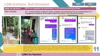 22
NAME OF ARTIFACT: MOVs on engaging key stakeholders in the teaching learning process
PPST STRAND: 5.4 - Communication of learner needs, progress and achievement to key stakeholders/ 6.2 -
Engagement of parents & the wider school community in the educative process
NEXT
PRACTICUM
ANNOTATION:
LDM 2 for Teachers
created a group chats for my advisory for announcements, reminders and updates. It's also an avenue in answering
parents/student queries. I also conducted a short meeting with parents to inform and brief them of the modalities we
offer in our school. I also assisted parents dropping off modules in school and guide them if there will be changes of the
said dates in releasing modules. And if not reached by any way of communication, I haven’t no choice but to visit the
learner at home.
EXIT
LDM Artifacts: Self-Selected
LDM 2 for Teachers
HUMSS
G12
 