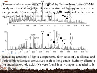 The molecular characterization of SOM by Termochemolysis-GC-MS
analyses revealed an effective incorporation of hydrophobic organic
components from compost materials in bulk soils and water stable
aggregates of each experimental sites..
8.4 13.4 18.4 23.4 28.4 33.4 38.4 43.4 48.4 53.4 58.4 Time
0
100
%
Ch
LgS4
LgS14/15
Ch
C15 iso/a-iso
FAME
C24,24CH3O,
FAME
C18:1
Ch
LgG13
C26
8.4 13.4 18.4 23.4 28.4 33.4 38.4 43.4 48.4 53.4 58.4 Time
0
100
%
Ch
Lg P18
LgG6
Lg G10
Ch
C18:1
C16
C24
C18:1,18CH3O,
FAME
C24,24CH3O,
FAME
C16
Increasing amounts of lignin components, fatty acids (■), n-alkanes and
various biopolyesters derivatives such as long chain hydroxy-alkanoic
(○) and alkane-dioic acids (●) were found in all compost amended soils
 