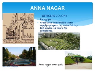 ANNA NAGAR
abdul shumz kv kanjikode 5
 Ram gopal …
 Green area- comfortable water
supply- sprayers- tap water full day-
fast service- 24 hours. No
complaints.
OFFICERS COLONY
Anna nagar tower park
 
