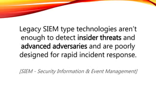 Legacy SIEM type technologies aren’t
enough to detect insider threats and
advanced adversaries and are poorly
designed for rapid incident response.
[SIEM - Security Information & Event Management]
 