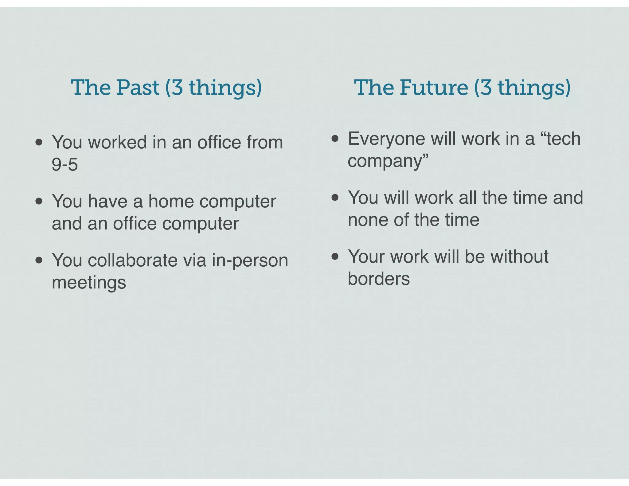 The Past (3 things)
• You worked in an office from
9-5
• You have a home computer
and an office computer
• You collaborate via in-person
meetings
The Future (3 things)
• Everyone will work in a “tech
company”
• You will work all the time and
none of the time
• Your work will be without
borders