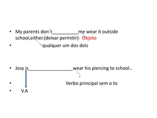 • My parents don´t__________me wear it outside
  school,either.(deixar permitir) l Objeto
•              qualquer um dos dois



• Josy is_________________wear his piercing to school.a

•                        Verbo principal sem o to
•    V.A
 