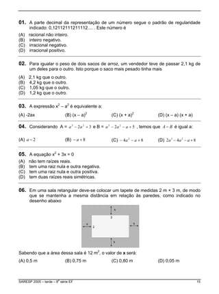01. A parte decimal da representação de um número segue o padrão de regularidade
indicado: 0,12112111211112.... . Este número é
(A) racional não inteiro.
(B) inteiro negativo.
(C) irracional negativo.
(D) irracional positivo.
02. Para igualar o peso de dois sacos de arroz, um vendedor teve de passar 2,1 kg de
um deles para o outro. Isto porque o saco mais pesado tinha mais
(A) 2,1 kg que o outro.
(B) 4,2 kg que o outro.
(C) 1,05 kg que o outro.
(D) 1,2 kg que o outro.
03. A expressão x2
– a2
é equivalente a:
A) -2ax (B) (x – a)2
(C) (x + a)2
(D) (x – a) (x + a)(
04. Considerando A = e B = , temos que32 23
+− aa 52 23
+−− aaa BA − é igual a:
(A) 2−a (B) 8+− a (C) 84 2
+−− aa (D) 842 23
+−− aaa
05. A equação x2
+ 3x = 0
(A) não tem raízes reais.
(B) tem uma raiz nula e outra negativa.
.(C) tem uma raiz nula e outra positiva
D) tem duas raízes reais simétricas.(
06. Em uma sala retangular deve-se colocar um tapete de medidas 2 m × 3 m, de modo
que se mantenha a mesma distância em relação às paredes, como indicado no
desenho abaixo
abendo que a área dessa sala é 12 m2
, o valor de será:S x
(C) 0,80 m) 0,5 m(A (B) 0,75 m (D) 0,05 m
SARESP 2005 – tarde – 8
a
série EF 15
 