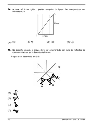 14. A trave AB torna rígido o portão retangular da figura. Seu comprimento, em
centímetros, é
(A) 140 (B) 70 (C) 100 (D) 140
15. No desenho abaixo, o círculo deve ser ornamentado por meio de reflexões do
mesmo motivo em torno das retas indicadas.
A figura a ser desenhada em D é:
18 SARESP 2005 – tarde – 8
a
série EF
 