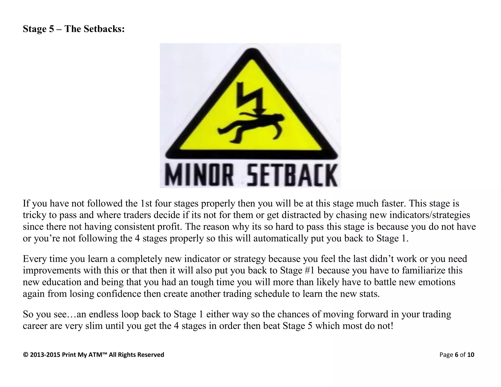 © 2013-2015 Print My ATM™ All Rights Reserved Page 6 of 10
Stage 5 – The Setbacks:
If you have not followed the 1st four stages properly then you will be at this stage much faster. This stage is
tricky to pass and where traders decide if its not for them or get distracted by chasing new indicators/strategies
since there not having consistent profit. The reason why its so hard to pass this stage is because you do not have
or you’re not following the 4 stages properly so this will automatically put you back to Stage 1.
Every time you learn a completely new indicator or strategy because you feel the last didn’t work or you need
improvements with this or that then it will also put you back to Stage #1 because you have to familiarize this
new education and being that you had an tough time you will more than likely have to battle new emotions
again from losing confidence then create another trading schedule to learn the new stats.
So you see…an endless loop back to Stage 1 either way so the chances of moving forward in your trading
career are very slim until you get the 4 stages in order then beat Stage 5 which most do not!
 