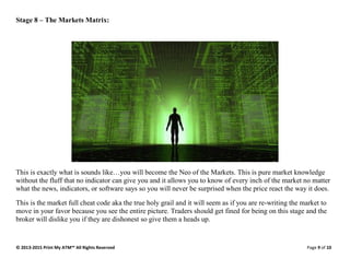 © 2013-2015 Print My ATM™ All Rights Reserved Page 9 of 10
Stage 8 – The Markets Matrix:
This is exactly what is sounds like…you will become the Neo of the Markets. This is pure market knowledge
without the fluff that no indicator can give you and it allows you to know of every inch of the market no matter
what the news, indicators, or software says so you will never be surprised when the price react the way it does.
This is the market full cheat code aka the true holy grail and it will seem as if you are re-writing the market to
move in your favor because you see the entire picture. Traders should get fined for being on this stage and the
broker will dislike you if they are dishonest so give them a heads up.
 