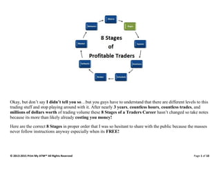 © 2013-2015 Print My ATM™ All Rights Reserved Page 1 of 10
Okay, but don’t say I didn’t tell you so…but you guys have to understand that there are different levels to this
trading stuff and stop playing around with it. After nearly 3 years, countless hours, countless trades, and
millions of dollars worth of trading volume these 8 Stages of a Traders Career hasn’t changed so take notes
because its more than likely already costing you money!
Here are the correct 8 Stages in proper order that I was so hesitant to share with the public because the masses
never follow instructions anyway especially when its FREE!
 