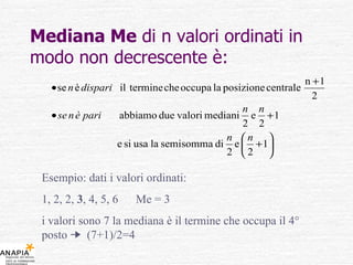 Mediana Me  di n valori ordinati in modo non decrescente è: Esempio: dati i valori ordinati:  1, 2, 2,  3 , 4, 5, 6  Me = 3 i valori sono 7 la mediana è il termine che occupa il 4° posto     (7+1)/2=4 