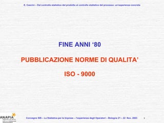 E. Cascini – Dal controllo statistico del prodotto al controllo statistico del processo: un’esperienza concreta Convegno SIS – La Statistica per le Imprese – l’esperienza degli Operatori – Bologna 21 – 22  Nov. 2003  FINE ANNI ‘80 PUBBLICAZIONE NORME DI QUALITA’ ISO - 9000 9 