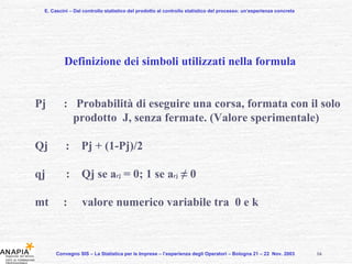 E. Cascini – Dal controllo statistico del prodotto al controllo statistico del processo: un’esperienza concreta Convegno SIS – La Statistica per le Imprese – l’esperienza degli Operatori – Bologna 21 – 22  Nov. 2003  Definizione dei simboli utilizzati nella formula Pj  :  Probabilità di eseguire una corsa, formata con il solo prodotto  J, senza fermate. (Valore sperimentale) Qj  :  Pj + (1-Pj)/2 qj  :  Qj se a rj  = 0; 1 se a rj   ≠ 0 mt  :  valore numerico variabile tra  0 e k 16 