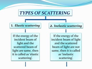 TYPES OF SCATTERING
𝟏. Elastic scattering 2. Inelastic scattering
If the energy of the
incident beam of
light and the
scattered beam of
light are same, then
it is called as ‘elastic
scattering’.
If the energy of the
incident beam of light
and the scattered
beam of light are not
same, then it is called
as ‘inelastic
scattering’.
 