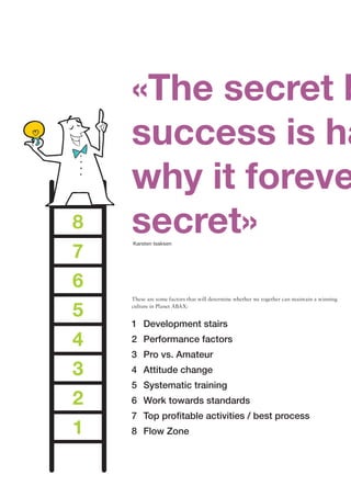 8
7
6
5
4
3
2
1
«The secret b
success is ha
why it foreve
secret»Karsten Isaksen
These are some factors that will determine whether we together can maintain a winning
culture in Planet ABAX:
1	 Development stairs
2	 Performance factors
3	 Pro vs. Amateur
4	 Attitude change
5	 Systematic training
6	 Work towards standards
7	 Top profitable activities / best process
8	 Flow Zone
 
