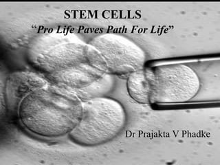STEM CELLS 
“Pro Life Paves Path For Life” 
Dr Prajakta V Phadke 
 