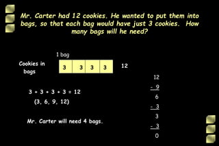 Mr. Carter had 12 cookies. He wanted to put them into
bags, so that each bag would have just 3 cookies. How
many bags will he need?
Cookies in
bags
12
1 bag
3 3 3 3
12
- 9
6
- 3
3
- 3
0
3 + 3 + 3 + 3 = 12
(3, 6, 9, 12)
Mr. Carter will need 4 bags.
 