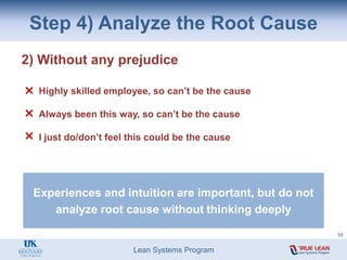 Lean Systems Program
2) Without any prejudice
Highly skilled employee, so can’t be the cause
Always been this way, so can’t be the cause
I just do/don’t feel this could be the cause
Step 4) Analyze the Root Cause
Experiences and intuition are important, but do not
analyze root cause without thinking deeply
59
 