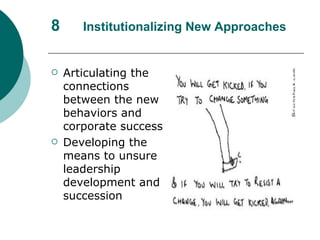 8 Institutionalizing New Approaches Articulating the connections between the new behaviors and corporate success Developing the means to unsure leadership development and succession 