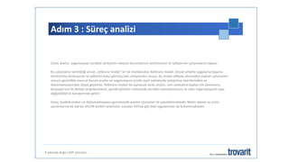 Adım 3 : Süreç analizi
8 adımda doğru ERP çözümü
Süreç analizi, organizasyon içindeki süreçlerin mevcut durumlarının belirlenmesi ve iyileştirme çalışmalarını kapsar.
Bu çalışmanın verimliliği ancak „referans model“ ler ile mümkündür. Referans model, birçok şirkette uygulama başarısı
kanıtlanmış fonksiyonel ve sektörel kabul görmüş özel süreçlerden oluşur. Bu model dikkate alınmadan yapılan çalışmanın
sonucu genellikle mevcut durum analizi ve organizasyon içinde zayıf noktalarda iyileştirme önerilerinden ve
dokümantasyondan öteye geçemez. Referans modeli ile yapılacak süreç analizi, tüm süreçlerin baştan ele alınmasını,
karşılaştırma ile detaylı sorgulanmasını, gerekli görülen noktalarda yeniden tanımlanmasını ve olası organizasyonel yapı
değişikliklerini beraberinde getirir.
Süreç modellemeleri ve dokümantasyonu günümüzde yazılım çözümleri ile yapılabilmektedir. Metin işleme ve çizim
yazılımlarına ek olarak, ViCON GmbH tarafından sunulan ViFlow gibi özel uygulamalar da kullanılmaktadır.
 