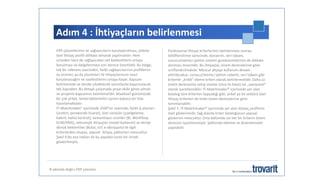 Adım 4 : İhtiyaçların belirlenmesi
8 adımda doğru ERP çözümü
ERP çözümlerinin ve sağlayıcıların karşılaştırılması, şirkete
özel ihtiyaç profili dikkate alınarak yapılmalıdır. Hem
üründen hem de sağlayıcıdan net beklentilerin ortaya
konulması ve belgelenmesi son derece önemlidir. Bu belge,
tek bir referans üzerinden, farklı sağlayıcılarının profillerini
ve ürünler, ya da çözümleri ile ihtiyaçlarınızın nasıl
karşılanacağını ve taahhütlerini ortaya koyar. Kapsam
belirlemede ve ileride çıkabilecek sorunlarda başvurulacak
tek kaynaktır. Bu detaylı çalışmada proje ekibi görev almalı
ve projenin kapsamını belirlemelidir. Maalesef günümüzde
bir çok şirket, temel beklentileri içeren kabaca bir liste
hazırlamaktadır.
IT-Matchmaker® içerisinde 2500’ün üzerinde, farklı iş alanları
(üretim, perakende ticaret), özel süreçler (çizelgeleme,
bakım, kalite kontrol), tamamlayıcı ürünler (BI, Workflow,
ECM/DMS), teknolojik ihtiyaçlar (mobil kullanım) ve ileriye
dönük beklentiler (Bulut, IoT, e-dönüşüm) ile ilgili
kriterlerden oluşan, yapısal ihtiyaç şablonları mevcuttur.
Şekil 6‘da ana hatları ile bu yapıdan kısıtlı bir örnek
gösterilmiştir.
Fonksiyonel ihtiyaç kriterlerinin belirlenmesi sonrası
tekliflendirme sürecinde, donanım, veri tabanı,
sunucu/istemci işletim sistemi gereksinimlerinin de dikkate
alınması önemlidir. Bu ihtiyaçlar, önem derecelerine göre
sınıflandırılmalıdır. Mevcut altyapı kullanımı devam
ettirilecekse, sunucu/istemci işletim sistemi, veri tabanı gibi
kriterler „kritik“ eleme kriteri olarak belirlenmelidir. Daha az
önem derecesine sahip olanlar (nice to have) ise „opsiyonel“
olarak işaretlenebilir. IT-Matchmaker® içerisinde yer alan
katalog tüm kriterleri kapsadığı gibi, şirket ya da sektöre özel
ihtiyaç kriterleri de farklı önem derecelerine göre
tanımlanabilir.
Şekil 7, IT-Matchmaker® içerisinde yer alan ihtiyaç profilinin
özet gösterimidir. Sağ alanda kriter kataloğunun yapısal
gösterimi mevcuttur. Orta bölümde ise her bir kriterin önem
derecesi işaretlenmiştir. Şablonda ekleme ve düzenlemeler
yapılabilir.
 