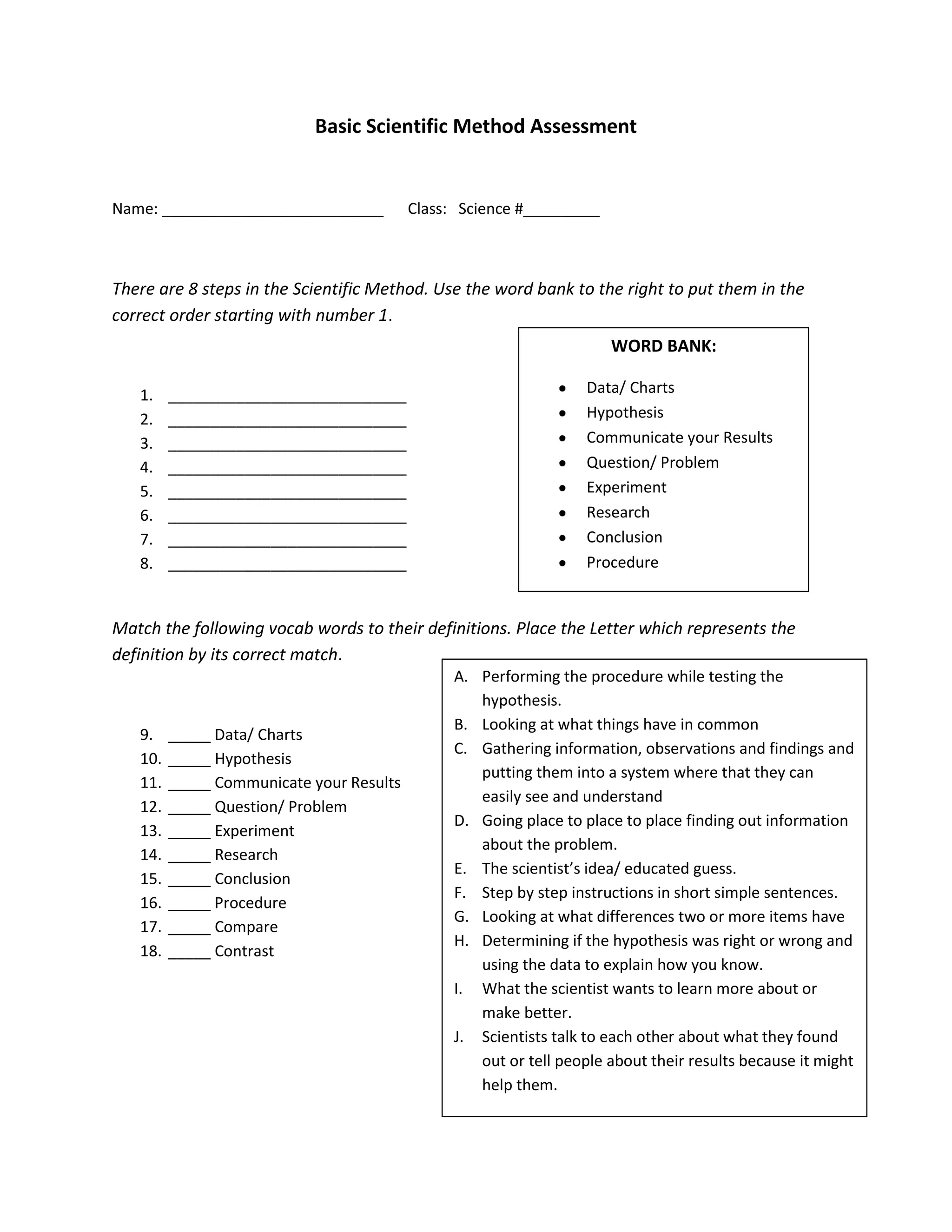 Basic Scientific Method Assessment
Name: __________________________ Class: Science #_________
There are 8 steps in the Scientific Method. Use the word bank to the right to put them in the
correct order starting with number 1.
1. ____________________________
2. ____________________________
3. ____________________________
4. ____________________________
5. ____________________________
6. ____________________________
7. ____________________________
8. ____________________________
Match the following vocab words to their definitions. Place the Letter which represents the
definition by its correct match.
9. _____ Data/ Charts
10. _____ Hypothesis
11. _____ Communicate your Results
12. _____ Question/ Problem
13. _____ Experiment
14. _____ Research
15. _____ Conclusion
16. _____ Procedure
17. _____ Compare
18. _____ Contrast
WORD BANK:
Data/ Charts
Hypothesis
Communicate your Results
Question/ Problem
Experiment
Research
Conclusion
Procedure
A. Performing the procedure while testing the
hypothesis.
B. Looking at what things have in common
C. Gathering information, observations and findings and
putting them into a system where that they can
easily see and understand
D. Going place to place to place finding out information
about the problem.
E. The scientist’s idea/ educated guess.
F. Step by step instructions in short simple sentences.
G. Looking at what differences two or more items have
H. Determining if the hypothesis was right or wrong and
using the data to explain how you know.
I. What the scientist wants to learn more about or
make better.
J. Scientists talk to each other about what they found
out or tell people about their results because it might
help them.
 