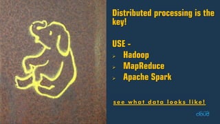 Distributed processing is the key! USE - Hadoop MapReduce Apache Spark see what data looks like!  