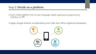 Step 2: Decide on a platform
 Each mobile platform has it’s own language called, application programming
interface or API.
 Apple, Google Android, and Blackberry each offer their API to registered developers.
 