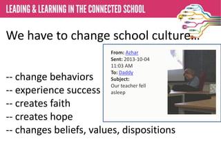 We have to change school culture…
From: Azhar
Sent: 2013-10-04
11:03 AM
To: Daddy
Subject:
Our teacher fell
asleep

-- change behaviors
-- experience success
-- creates faith
-- creates hope
-- changes beliefs, values, dispositions

 
