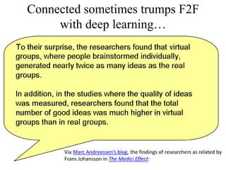 Connected sometimes trumps F2F
with deep learning…

Via Marc Andreessen’s blog, the findings of researchers as related by
Frans Johansson in The Medici Effect:

 