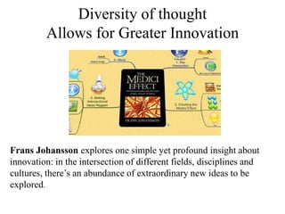 Diversity of thought
Allows for Greater Innovation

Frans Johansson explores one simple yet profound insight about
innovation: in the intersection of different fields, disciplines and
cultures, there’s an abundance of extraordinary new ideas to be
explored.

 