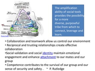 Photo Credit: http://flic.kr/p/8vn7B5

The amplification
ability of social tools
provides the possibility
for a more
diverse, purposeful
tribe from which to
connect, leverage and
learn.

• Collaboration and teamwork allow us control our environment
• Reciprocal and trusting relationships create effective
collaboration
•Social validation and social identity maintain emotional
engagement and enhance attachment to our mates and our
group
• Competence contributes to the survival of our group and our
sense of security and safety . ~ P. Rutledge

 