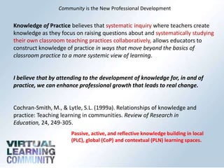 Community is the New Professional Development

Knowledge of Practice believes that systematic inquiry where teachers create
knowledge as they focus on raising questions about and systematically studying
their own classroom teaching practices collaboratively, allows educators to
construct knowledge of practice in ways that move beyond the basics of
classroom practice to a more systemic view of learning.

I believe that by attending to the development of knowledge for, in and of
practice, we can enhance professional growth that leads to real change.

Cochran-Smith, M., & Lytle, S.L. (1999a). Relationships of knowledge and
practice: Teaching learning in communities. Review of Research in
Education, 24, 249-305.
Passive, active, and reflective knowledge building in local
(PLC), global (CoP) and contextual (PLN) learning spaces.

 