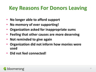 Key Reasons For Donors Leaving
• No longer able to afford support
• No memory of ever supporting!
• Organization asked for inappropriate sums
• Feeling that other causes are more deserving
• Not reminded to give again
• Organization did not inform how monies were
used
• Did not feel connected!
37
 