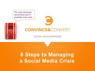 The most important
presentation you’ll
probably never need.




     8 Steps to Managing
     a Social Media Crisis
 