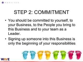 STEP 2: COMMITMENT
• You should be committed to yourself, to
  your Business, to the People you bring to
  this Business and to your team as a
  Leader.
• Signing up someone into this Business is
  only the beginning of your responsibilities
 